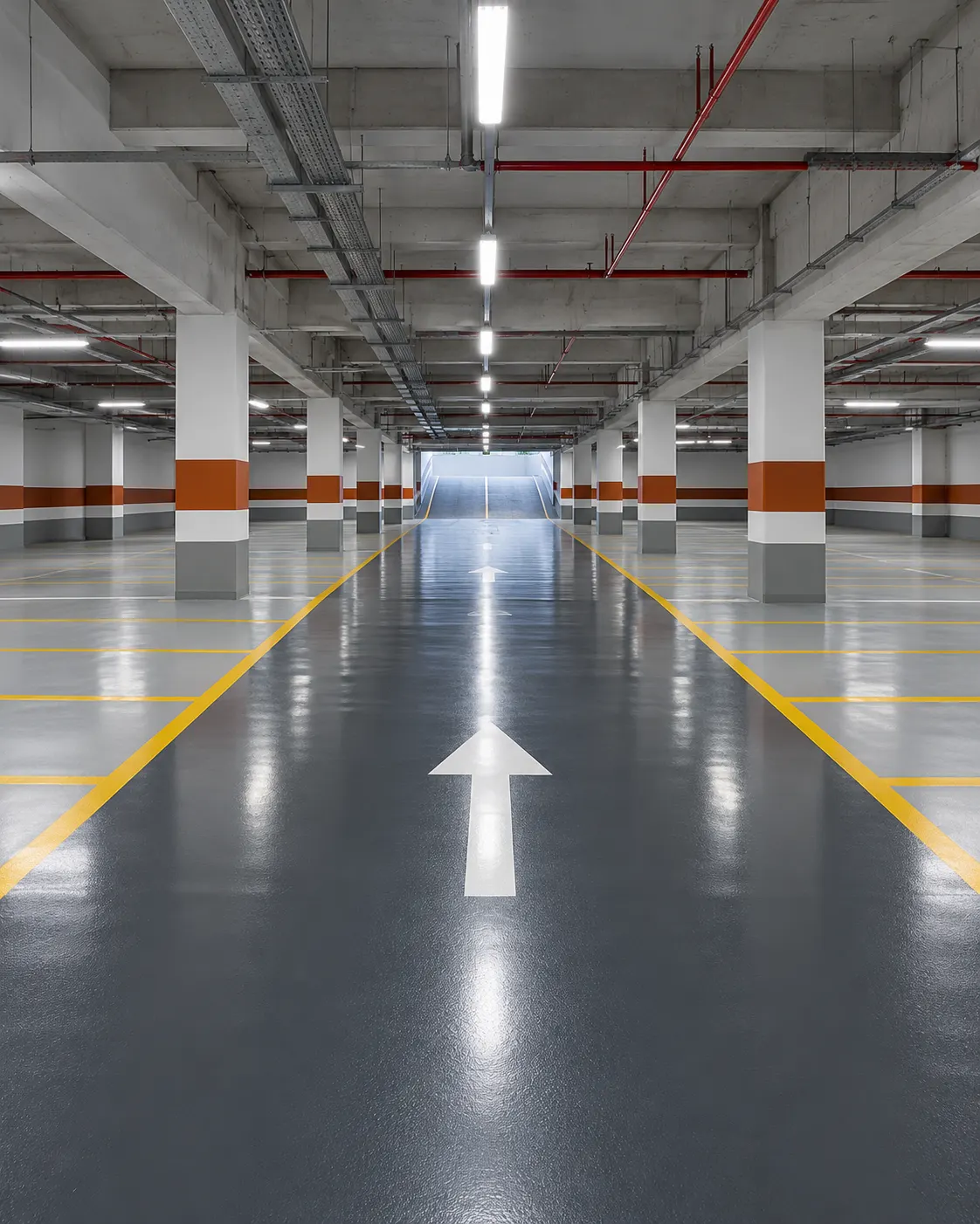 Estacionamento com piso pintado em tinta epóxi e faixas amarelas
